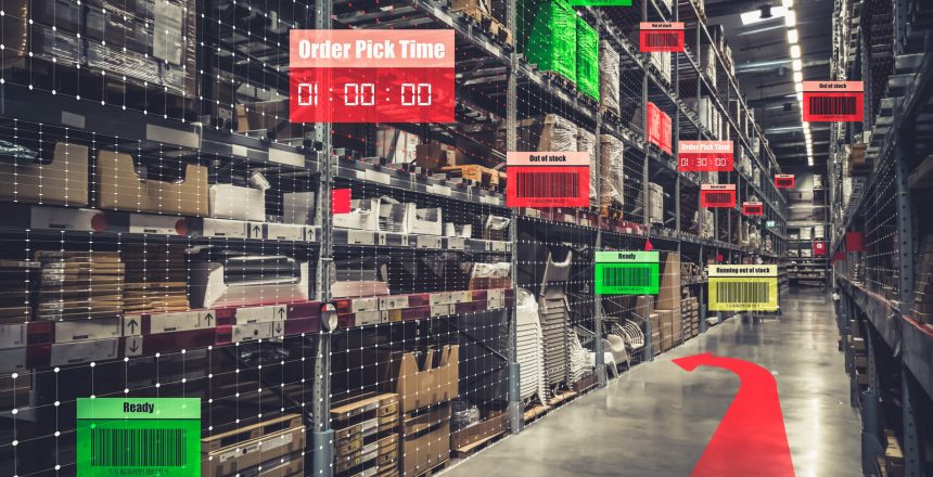 Smart warehouse management system using augmented reality technology to identify package picking and delivery . Future concept of supply chain and logistic business .